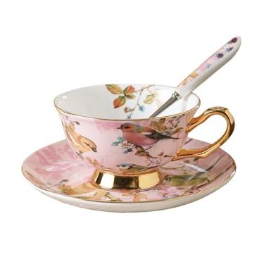 Imagem de Pfedxoon Conjunto de xícara de chá de porcelana rosa pássaro com pires e colher - 200 ml, copos de cappuccino e latte, presente de Dia das Mães
