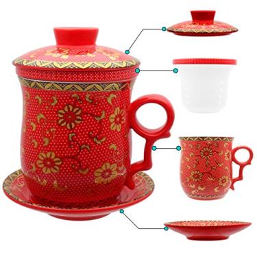 Imagem de Chá de porcelana com tampas de infusor e conjuntos de pires – Caneca de café de cerâmica Jingdezhen chinesa com sistema de preparação de chá de folhas soltas para home office, Calendula Red