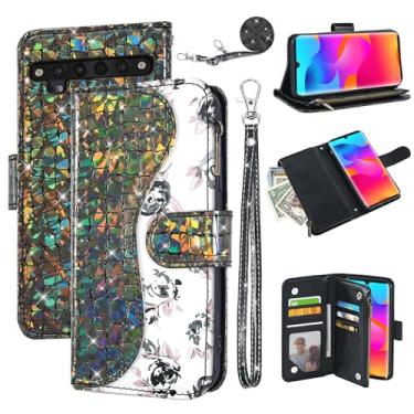 Imagem de Dibosom Capa carteira floral para TCL 10 Pro com alça de pulso, alça de ombro flip com zíper, porta-cartões, suporte para celular com glitter brilhante para TCL 10 Plus TCL10Pro TLC 10Pro T799B preta