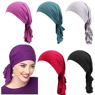 Imagem de Cntqiang 5 peças de gorro elástico pré-amarrado para quimioterapia gorros para mulheres meninas chapéu turbante muçulmano hijab headwear acessórios de cabelo envoltório (verde + roxo + preto + vinho +