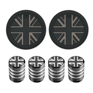 Imagem de Conjunto de 6 peças de acessórios para carro, inclui 4 peças de tampas de haste de válvula de pneu, 2 peças de porta-copos de carro para mini Cooper R55 R56 R57 acessórios universais de carro (preto)