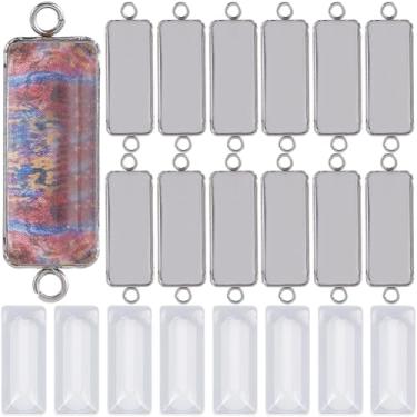 Imagem de SUNNYCLUE 1 caixa com 20 peças de pingentes de conector de aço inoxidável 304 berloques retangulares de metal prateado a granel moldura básica em branco com 2 furos, kit de berloques de elos com