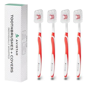Imagem de 4 Pack Toothbrushes for Adults - Individually Wrapped Medium Bristle Toothbrushes with Covers - Red - Convenient & Affordable Dental Care for Travel, Hotels, Airbnb, Missions & More