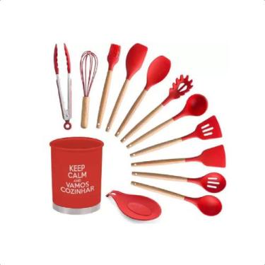 Imagem de Kit Utensílios Cozinha Silicone Inox MDF 13 Peças - UnyHome, Vermelho