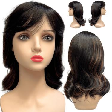 Imagem de Peruca média castanho escuro com mechas e franja ondulada