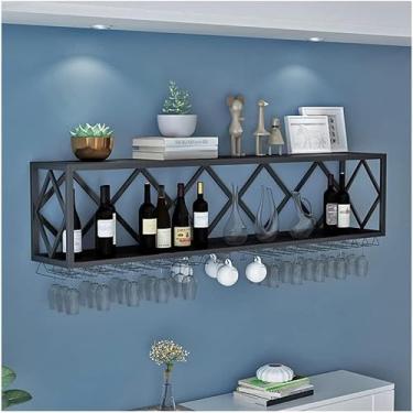 Imagem de Prateleiras flutuantes de unidade de bar, prateleiras de vinho montadas na parede, armário de vinho invertido, suporte multifuncional de ferro para garrafa de vinho, rack de cálice simples, preto, 120
