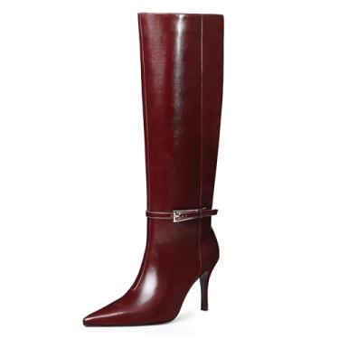 Imagem de COMJUY Botas de cano alto femininas stiletto salto alto 8,4 cm, zíper lateral, bico fino, fivela de metal, botas altas para mulheres, botas longas confortáveis de couro sintético abaixo do joelho,