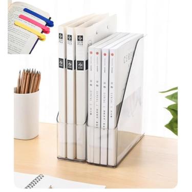 Imagem de Porta-revistas de acrílico, 2 peças de armazenamento de revistas e livros para mesa de escritório, organizador de livros transparente com 3 peças de marcadores automáticos de silicone
