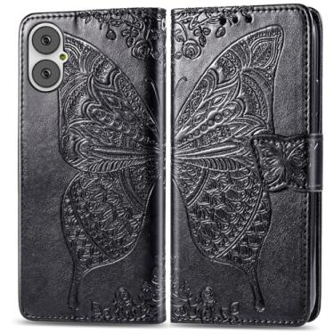 Imagem de DAMONDY Capa para celular BLU G64, couro PU, borboleta, flores em relevo, capa flip magnética, suporte para cartões, alça de mão, carteira para BLU G64 - preta