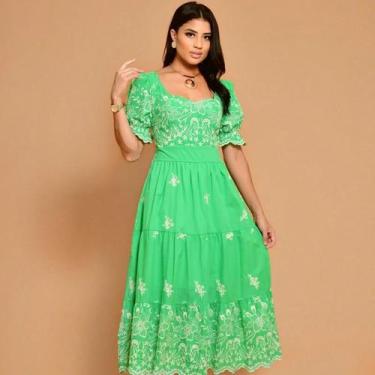 Imagem de Vestido midi luxo lese bordado algodão manga curto 3119 - NoBrand, Ver