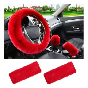 Imagem de Yourkar Conjunto de 5 peças de capas de volante fofas, capa de volante de lã sintética, capa de freio de mão, capa de câmbio de marcha e 2 almofadas de ombro para cinto de segurança, acessórios