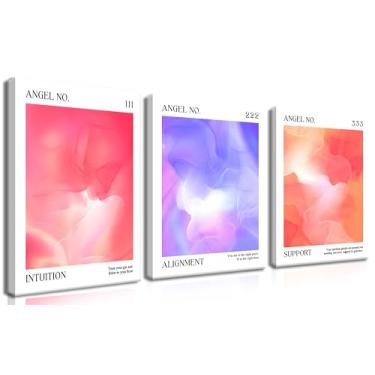 Imagem de Conjunto de 3 arte de parede em tela gradiente rosa roxo emoldurado - Pinturas abstratas gradientes de aura, pôster com número de anjo, imagens de energia positiva, minimalista, motivacional,