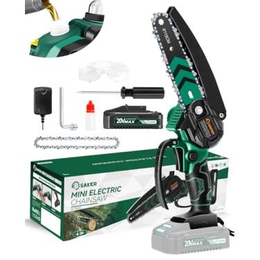 Imagem de Saker Mini motosserra com lubrificador automático|Motosserras de 15 cm [Atualizado em 2025] | Mini motosserra elétrica sem fio | Pequena motosserra portátil portátil alimentada a bateria para aparador