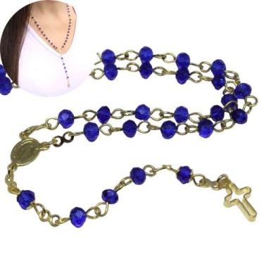 Imagem de Terço de pescoço de cristal Austríaco azul escuro 4x3mm Folheado à our