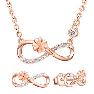 Imagem de Yumilok Conjunto de brincos e colar de trevo de 4 folhas infinito prata esterlina 925 brincos e pingentes, conjunto de joias para mulheres, mãe adolescente e esposa, Prata esterlina, Zircão