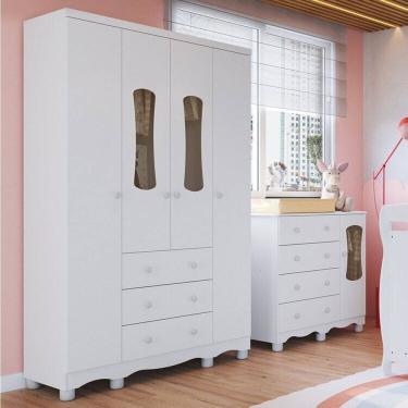 Imagem de Quarto Infantil com Guarda-Roupa 4 Portas e Cômoda com Janelas 100% MDF Lana Espresso Móveis Branco Brilho