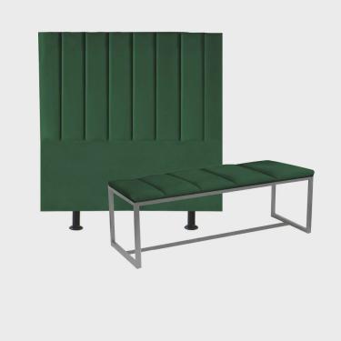 Imagem de Kit Cabeceira Carla e Calçadeira Industrial 140cm Casal Box Ferro Cinza Suede Verde - Ahz Móveis