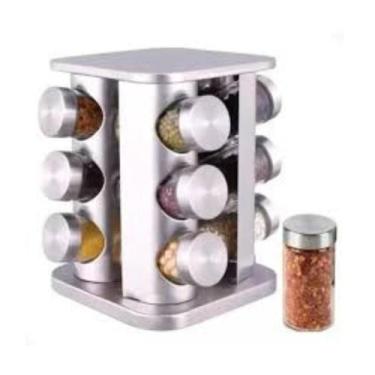 Imagem de Porta Condimentos e Temperos Giratório com 12 Potes em Aço Inox e Vidr