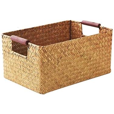 Imagem de Cestos de lavanderia, cesta de armazenamento de vime de vime de vime à mão ou cesta de armazenamento de roupas baú de brinquedo com alças lata de lixo vaso de flores tecido descoberto cesto de roupa