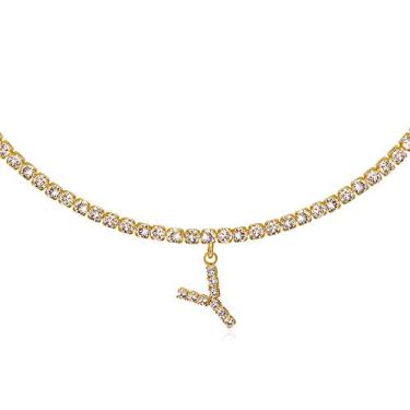 Imagem de Colar feminino com inicial dourada com nome de diamante de zircônia cúbica gelada, banhado a ouro 14 k, corrente de tênis, alfabeto, pingente gargantilha para meninas adolescentes, Metal, Zircônia