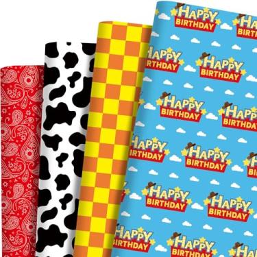 Imagem de Bolsome 12 peças de papel de embrulho de desenho animado, 19,7 × 27,15 cm, estampa de vaca amarelo xadrez azul céu nuvens bandana vermelha papel de embrulho para festa de aniversário, chás de bebê