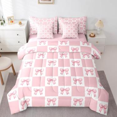 Imagem de Manfei Conjunto de cama Queen Princess Bowknots, 7 peças, laço rosa sonhador com laço feminino, conjunto de cama para crianças, quadriculado geométrico, xadrez, patchwork, rosa e branco, em uma bolsa