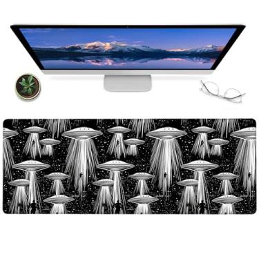 Imagem de ainori Tapete de mouse UFO Alien para jogos, 30,5 x 80 cm, tapete de mesa retrô de borracha antiderrapante com beam-up de ficção científica, naves espaciais grandes estendidas para laptop de