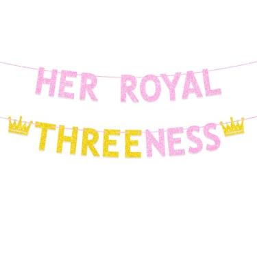 Imagem de Decorações de festa de aniversário de 3 anos de princesa para meninas, faixa de ouro rosa com glitter Her Royal Threeness Banner, tema de princesa, suprimentos de decoração de festa de aniversário de