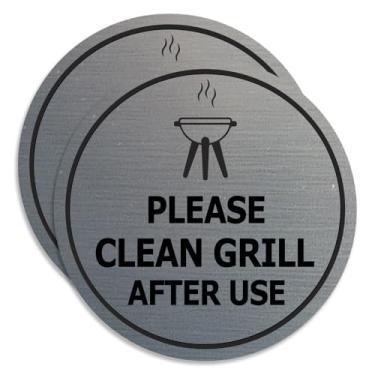 Imagem de Placa Circle Please Clean Grill After Use - Sinalização de limpeza de churrasco - Placas de etiqueta de espaço compartilhado (prata escovada) - Pacote grande com 2