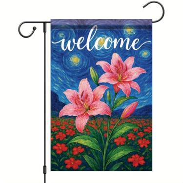 Imagem de Starlit Patio Welcome Van Gogh Bandeira de jardim céu estrelado rosa lírio floral bandeira de quintal 30 x 45 cm decoração externa dupla face para primavera verão varanda gramado entrada decoração de