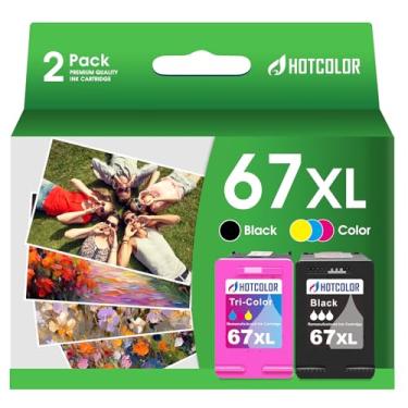 Imagem de HOTCOLOR Cartucho de tinta para impressora 67XL de substituição para HP 67XL Pacote combo preto para HP Envy 6055 Ink Deskjet Plus 4155 Ink Deskjet 2700 cartuchos de tinta (1 preto/1 tricolor, 2 unidades)