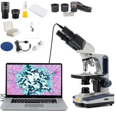 Imagem de Swift Microscópio composto binocular digital 40X-2500X, com câmera USB de 5 MP, estágio mecânico de duas camadas e software compatível com Windows e Mac e slides, cabeça Siedentopf, grau de pesquisa