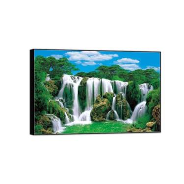 Imagem de MUHJDYC Paisagem quadros arte mural - montanha cascata árvore-natureza impressões em tela - moldura preta imagem decoração sala de estar moderna 120 x 80 cm