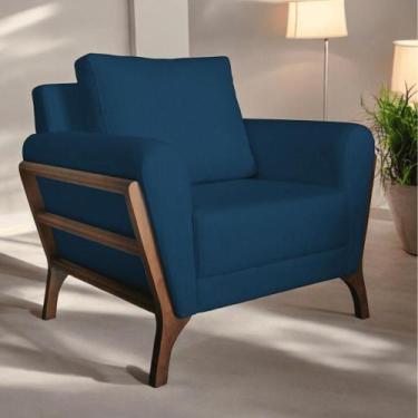 Imagem de Poltrona de Madeira Maciça com Almofada Sabrina Veludo Azul Marinho- M