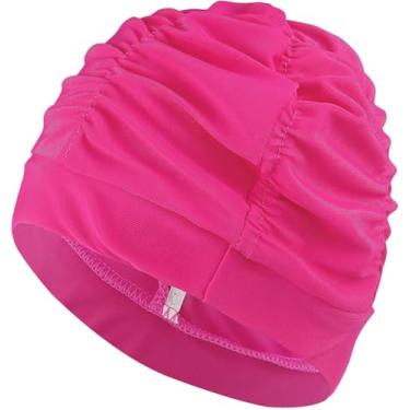 Imagem de WooWill Toucas de natação femininas com estampa colorida, touca de natação grande de tecido de nylon, não impermeável, plissada, elástica, para cabelos longos e cacheados grossos, 11 rosa vermelha