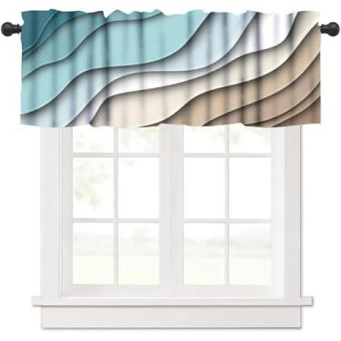 Imagem de Saia bege azul-petróleo, geométrico, moderno, abstrato, linha marrom, estampa blecaute, bolso para varão, cortina para janela, para cozinha, café, quarto, sala de estar, 137 x 45 cm