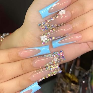 Imagem de Gifiky Unhas Postiças 3D Longas Estilo Caixão, Prensa Francesa Azul, Pontas Luxuosas, Design De Cristal Margarida, Falsas Para Mulheres E Meninas, 24 Peças