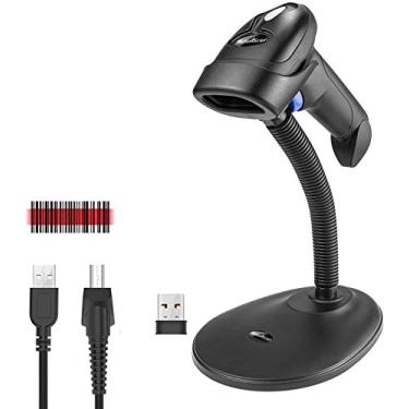Imagem de NetumScan Scanner de código de barras sem fio com suporte, leitor de código de barras 1D automático USB sem fio 2 em 1 com suporte para loja, supermercado, armazém
