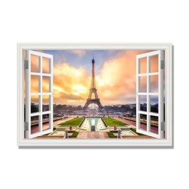 Imagem de Janela de arte de parede com impressão em tela. Vista de janela falsa. Impressão de imagem natural em tela. Arte de cenário para decoração de sala de estar. (Vista da Torre Eiffel de Paris 07). 60 x
