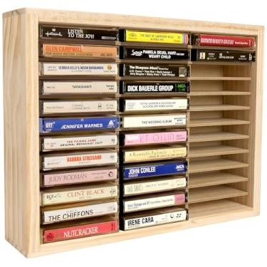 Imagem de Waratah Designs Rack de armazenamento de fita cassete, suporte de fita cassete de madeira com 36 compartimentos, suporte de parede ou organizador de cassete de áudio independente, armazenamento de