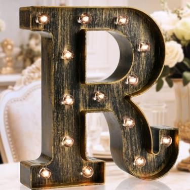 Imagem de Letra de letreiro de LED preto dourado – Placa com letra do alfabeto em estilo industrial e vintage para café, casamento, festa de aniversário, Natal, casa, bar, decoração de iniciais - R