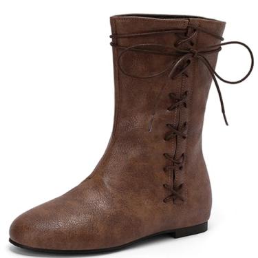 Imagem de Cozivwaiy Botas femininas vintage rasteiras curtas com cadarço confortável bico redondo pirata fantasia medieval renascentista botas vitorianas planas, Marrom, 38