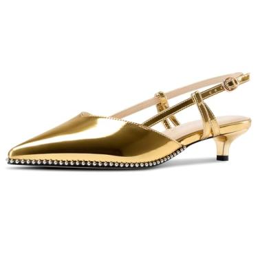 Imagem de Aachcol Sandálias femininas de salto baixo com bico fino e salto baixo gatinho de couro envernizado prata com contas e fivela sapatos de formatura de 3,5 cm, Dourado, 38