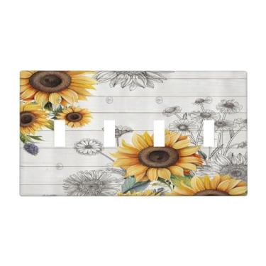 Imagem de Girassol rústico vintage prancha de madeira floral quádruplo interruptor de luz decorativa 4 placas de parede 4 furos placa de interruptor de dispositivo elétrico placa frontal para decoração de casa