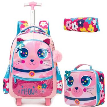 Imagem de ZBAOGTW Mochila escolar com rodinhas para meninas com rodinhas para meninas, Gato de flor rosa