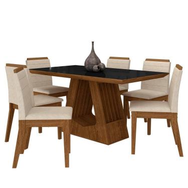 Imagem de Mesa Málaga 1,6 Com 6 Cadeiras Estofadas Freijó/preto/suede Bege - M.a
