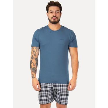 Imagem de Pijama Calvin Klein Short Curto Viscolight Xadrez Logo Azul Médio, M/M