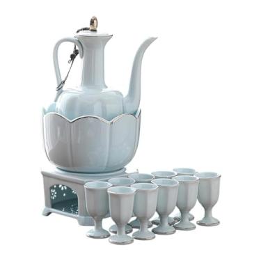 Imagem de Ioensy Conjunto de saquê de cerâmica, conjunto de aquecedor de bebidas, garrafa de saquê multifuncional tradicional com 10 xícaras e pote aquecedor para, Style B