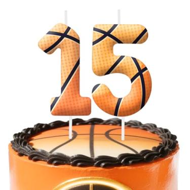 Imagem de Velas de aniversário de 15 anos, topo de bolo de basquete para meninos e meninas, número 15 velas temáticas de basquete, decorações de aniversário, artigos de festa