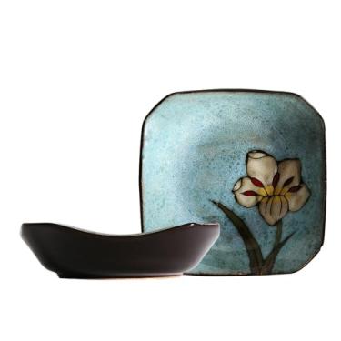 Imagem de Prato de cerâmica quadrado delicado e criativo em estilo japonês para uso doméstico simples e retrô - azul lago